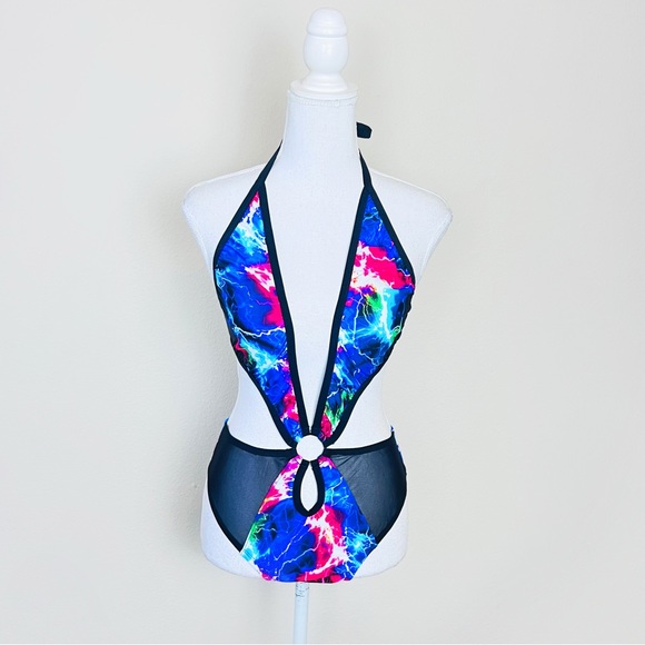 CrazedWear Sol Rainbow Electric Lightning Mesh Plunge Neck O-Ring Rave Bodysuit - Picture 4 of 10